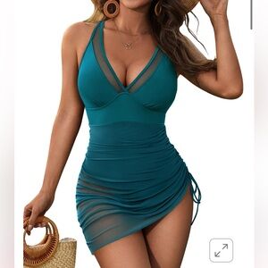 Blooming Jelly Teal Ruched Swim Dress NEW XL
